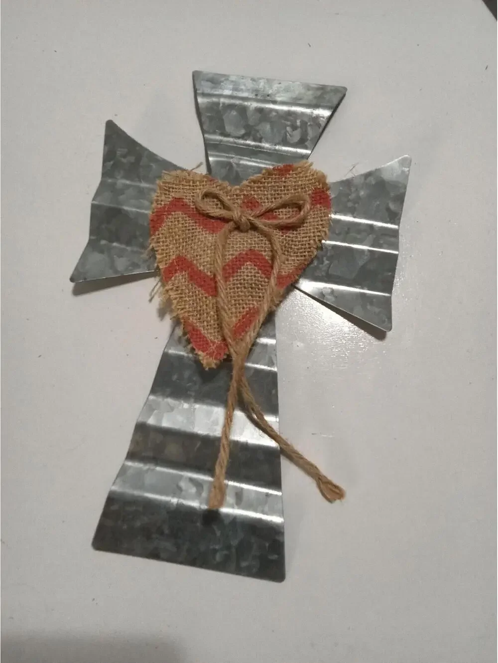 Rustic Metal Wall Cross with Burlap Heart Decoration 12x8